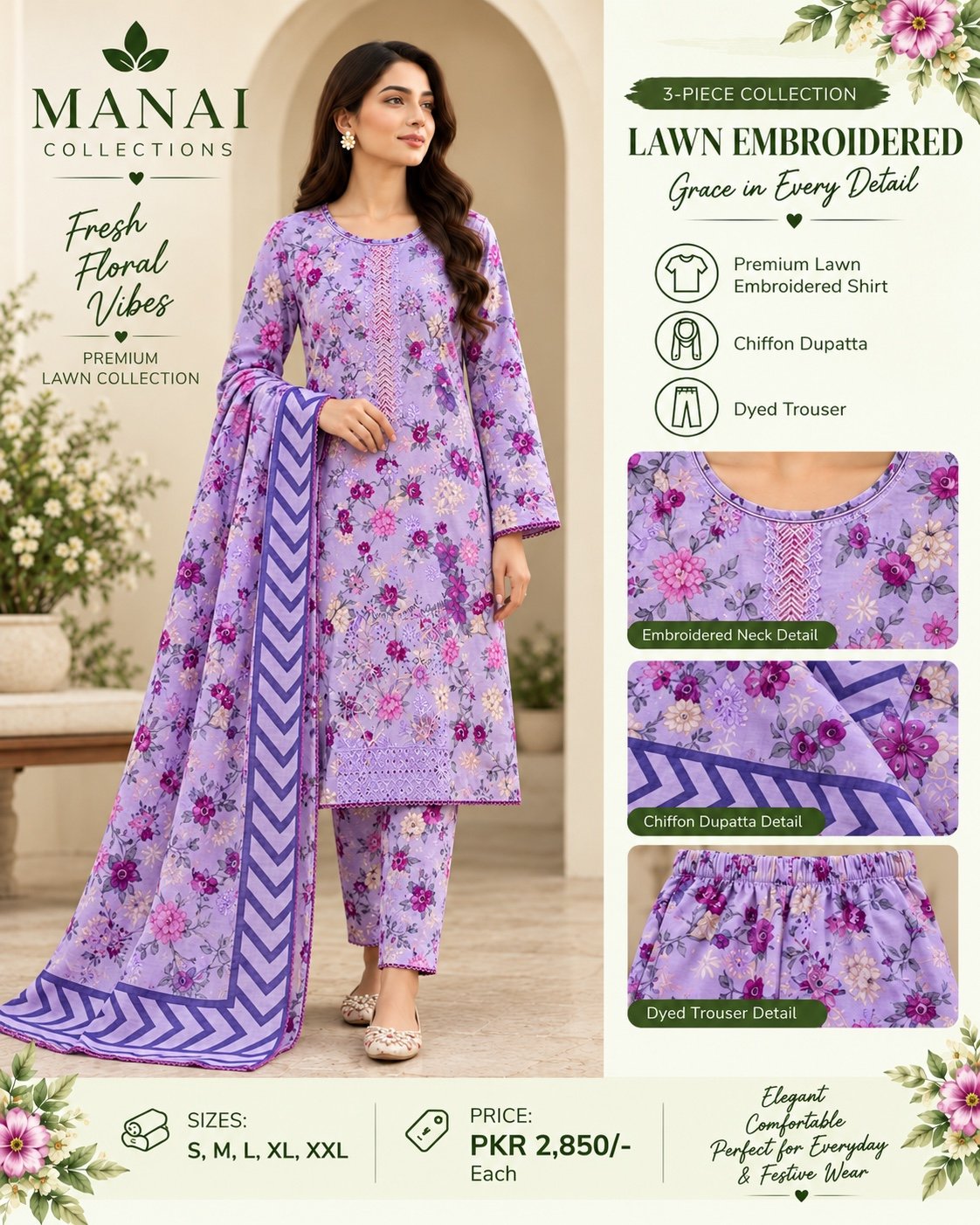 Lilac Grey Floral Suit - Manai Collections