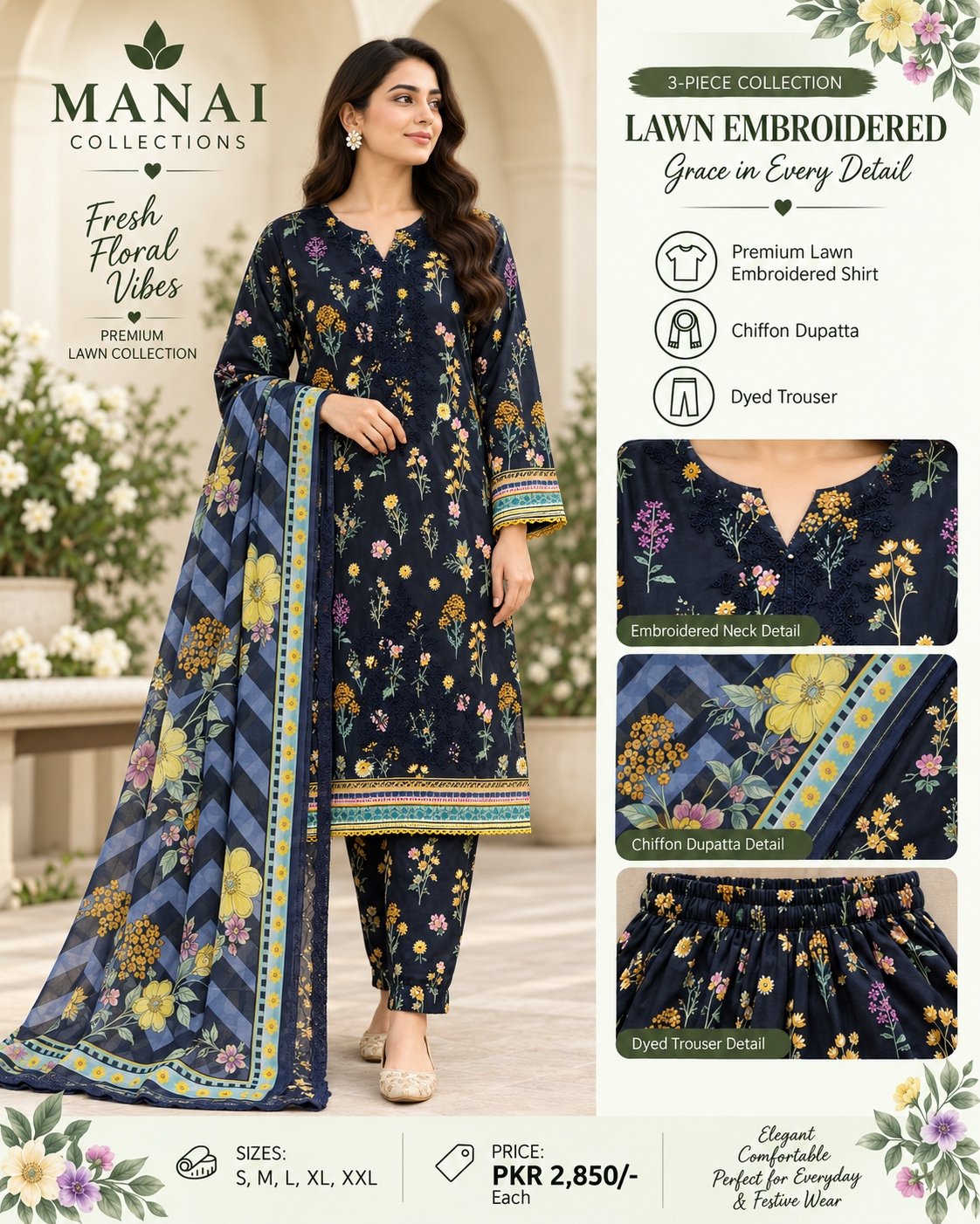 Navy Floral Embroidered Suit - Manai Collections
