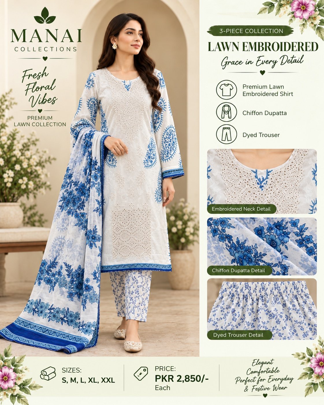 White Blue Leaf Print Suit - Manai Collections